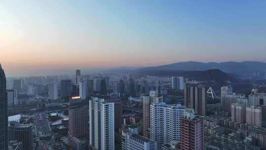 航拍青海西宁城西区夕阳城市风光