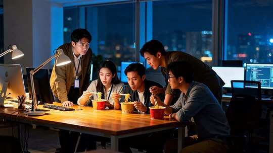 办公室团队加班吃泡面场景