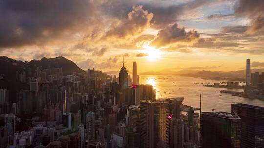 中国香港港岛日落金光航拍延时