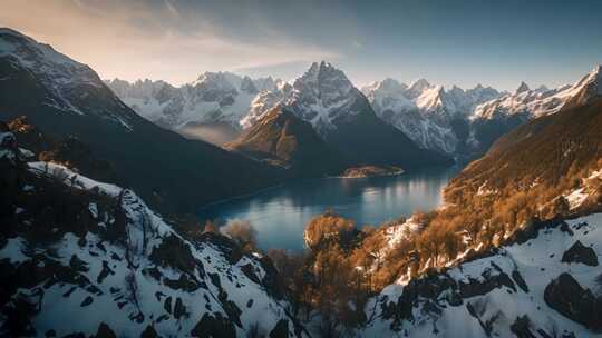 雪山环绕下的蓝色湖泊壮观全景