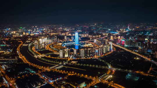 河南郑州城市夜景航拍延时摄影