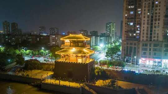 湖北鄂州武昌门夜景航拍延时