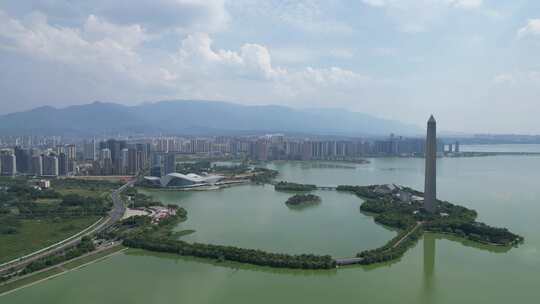 带高塔的水边城市景观九江胜利碑九江博物馆