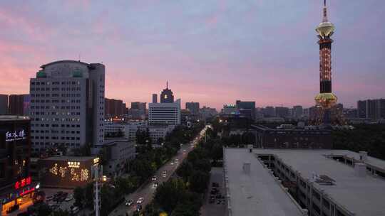 航拍河北石家庄地标石家庄夜景