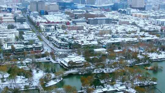 山东济南大明湖百花洲明府城雪景航拍