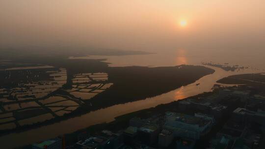 深圳福田河套视频深圳河入海口的落日夕阳