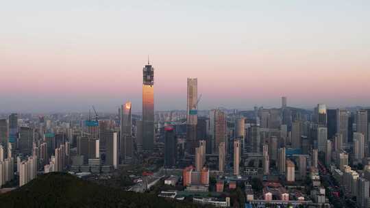 山东济南经十路中央商务区CBD晚霞夜景航拍