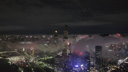 广州市中心珠江新城雨天夜景航拍