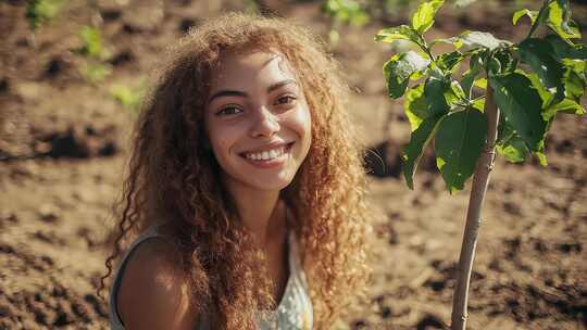 她面带微笑在土地上栽种新生命