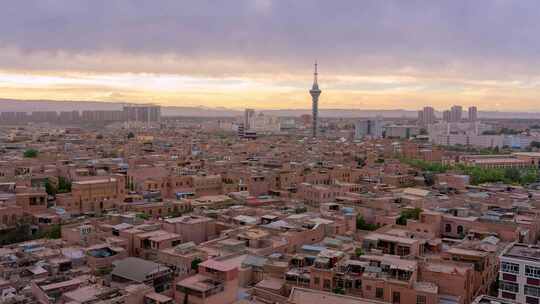 新疆喀什古城景区黄昏日落延时