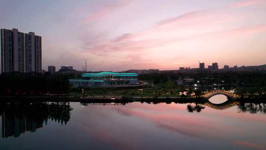 湖南省资兴市东江湾城市公园日落夕阳航拍