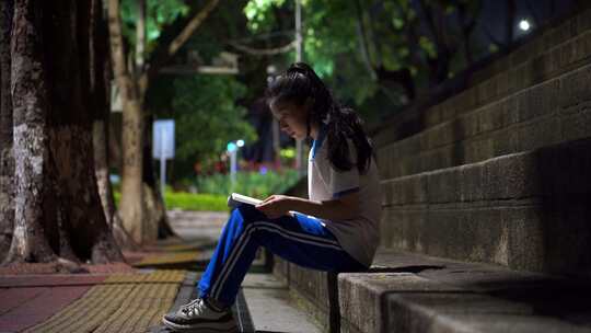 晚上中学生坐在台阶路灯下看书认真读书复习