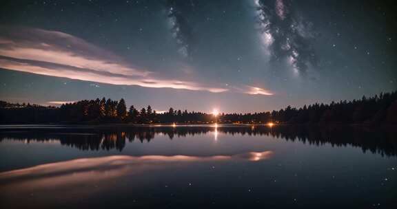 夜晚湖边星空倒影美景