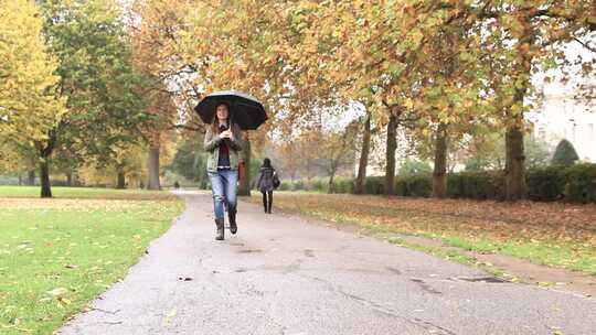 伦敦雨天，快乐的女人在公园散步