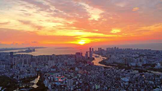 海南省海口市台风来临前的城市晚霞夜景航拍