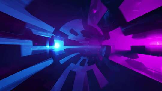 明亮发光的霓虹灯沿着无尽的隧道循环动画3