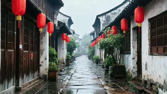 江南水乡古街红灯笼场景