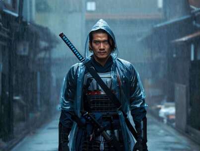 雨中持剑的古装男子