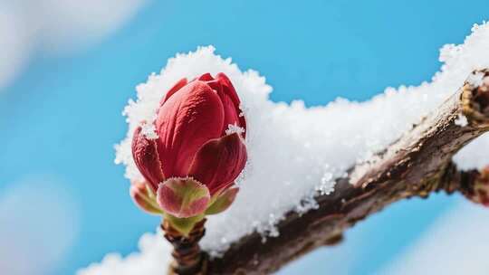 枝头覆雪的红色花朵特写