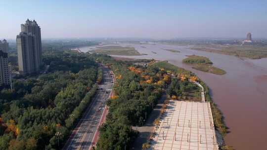 航拍宁夏吴忠国家黄河湿地公园滨河体育馆