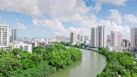 海南三亚天涯区三亚河市中心航拍