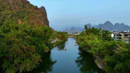 航拍桂林阳朔兴坪古镇漓江沿岸风光