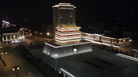 太原首义门夜景侧飞