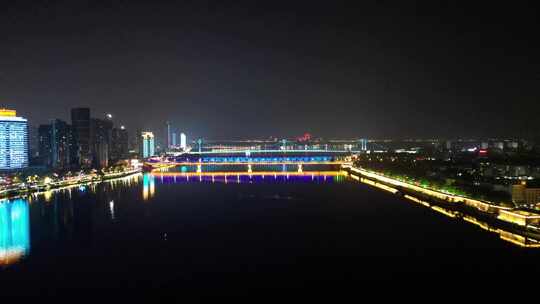 航拍湖北襄阳夜景襄阳汉江大桥夜景