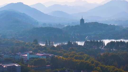 西湖雷峰塔景区大自然风光群山航拍杭州风景