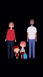 幸福的家庭。父亲、母亲、女儿和儿子垂直A