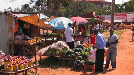非洲人在水果集市上购买西瓜