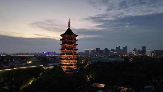 苏州古城报恩寺北寺塔景区夜景（航拍运镜）