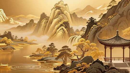 金色国潮古风山水画卷