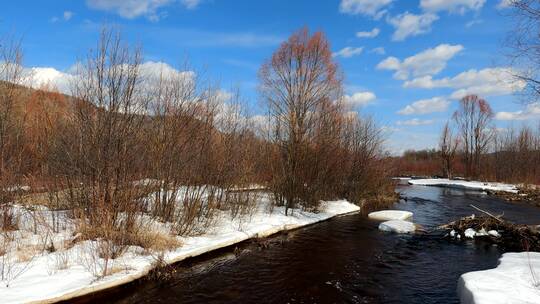 大兴安岭春季冰雪消融的河流