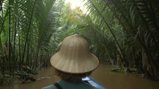 湄公河三角洲地区的乘船旅行，越南南部的本特雷。戴着越南帽子的游客视频素材模板下载