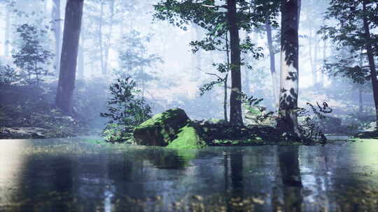 有雾的森林池塘上的雾