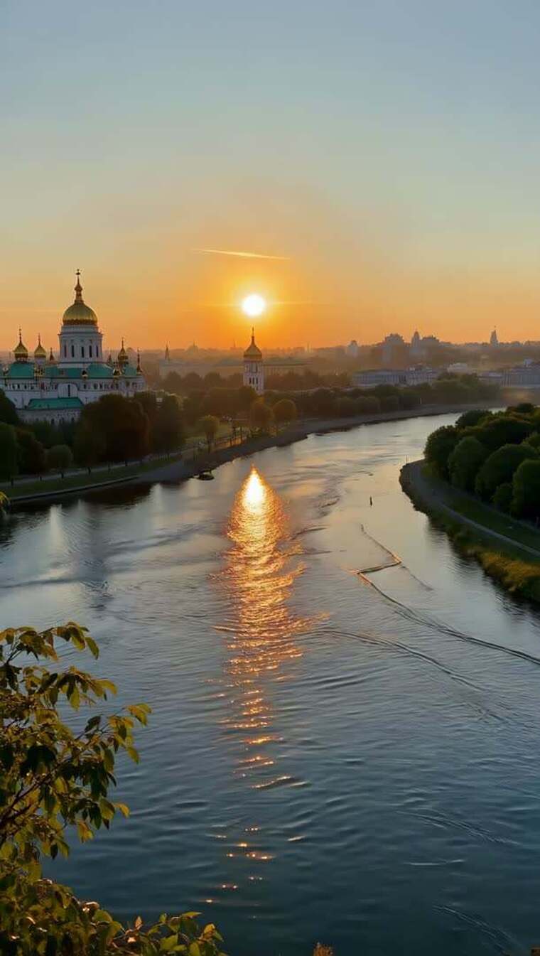 俄罗斯河流畔日落建筑景观