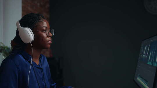 非裔美国女性电影制作人在电脑上用视觉效果修饰作品视频素材模板下载