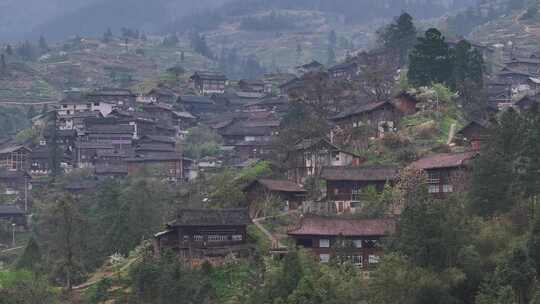 贵州黔东南雷山县雀鸟苗寨传统民居航拍风光