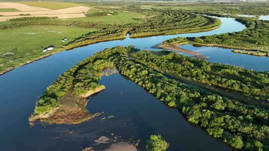 航拍垦区海拉尔河湿地自然风景