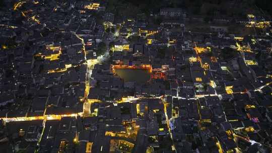 安徽黄山宏村徽派建筑群秋色日落夜景航拍