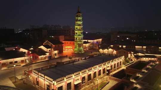 湖南岳阳港慈氏塔城市地标建筑夜景航拍风光