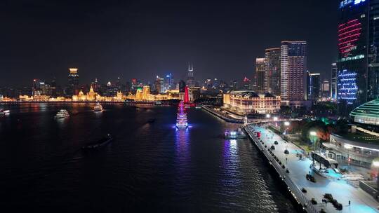 航拍上海北外滩滨江望向外滩夜景