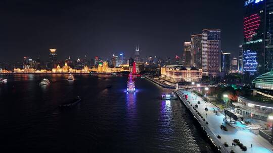 航拍上海北外滩滨江望向外滩夜景视频素材模板下载