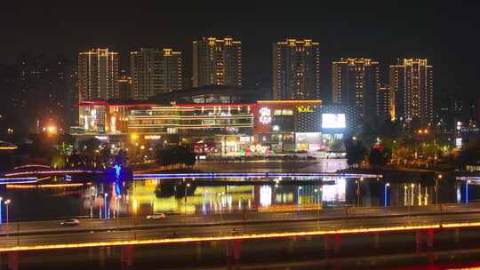 航拍扬州西区明月湖商圈夜景车流灯光素材