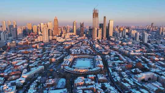 航拍天津五大道民园广场雪景