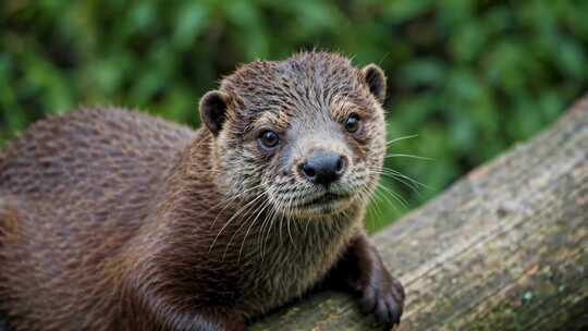 水獭趴在木头上特写