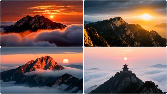 云海日出山峰壮丽景色 航拍泰山风起云涌