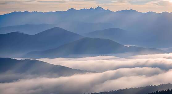 森林云海阳光山峰云雾大自然树林丁达尔效应