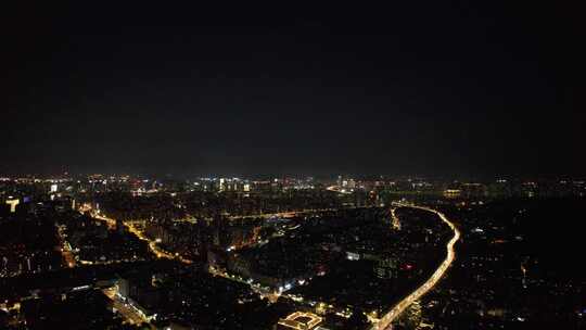 杭州城市夜幕降临夜景交通航拍